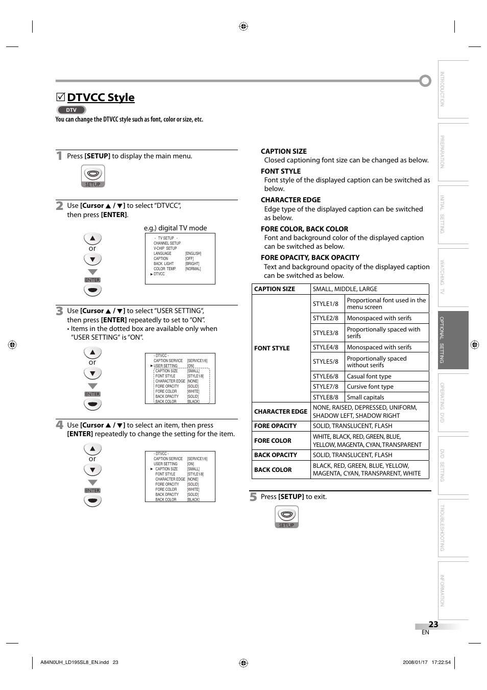 Dtvcc style | Sylvania LD195SL8 A User Manual | Page 23 / 96
