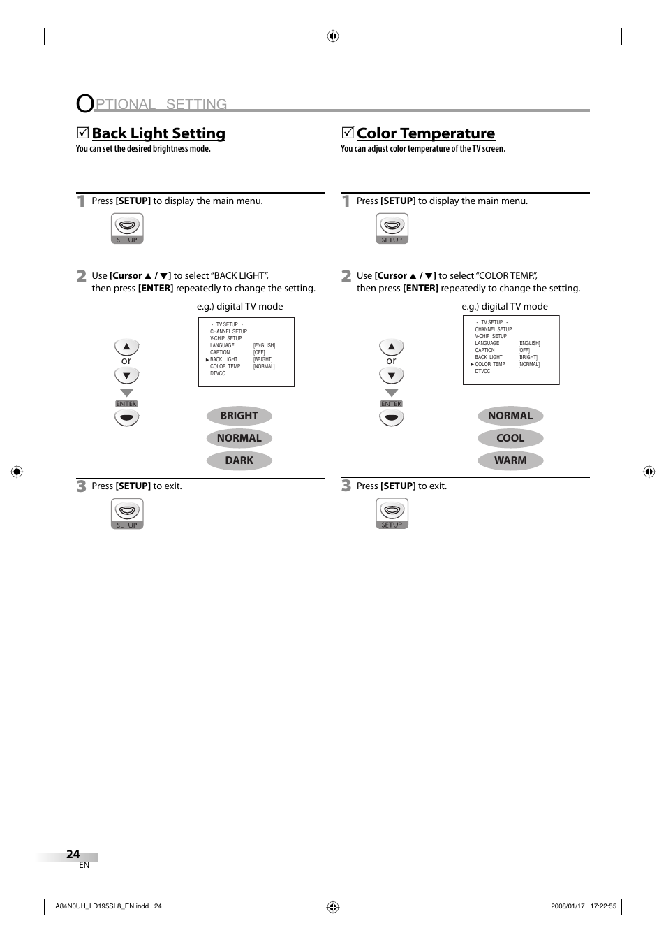 Ptional setting, Back light setting, 5color temperature | Sylvania LD195SL8 A User Manual | Page 24 / 96