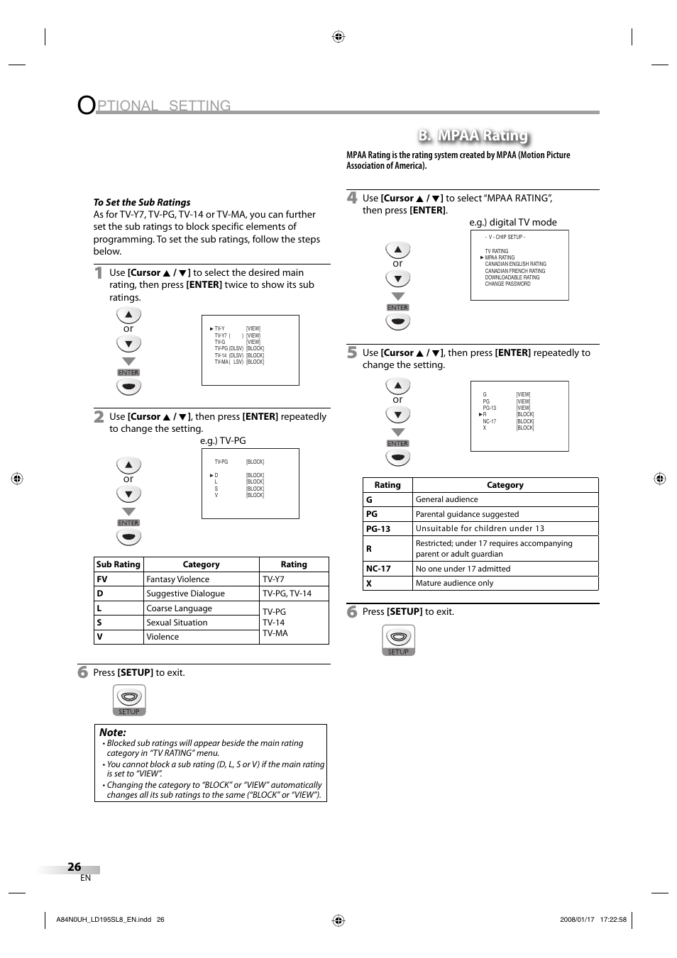 Ptional setting, B. mpaa rating | Sylvania LD195SL8 A User Manual | Page 26 / 96