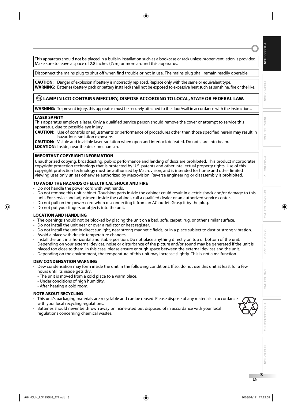 Sylvania LD195SL8 A User Manual | Page 3 / 96