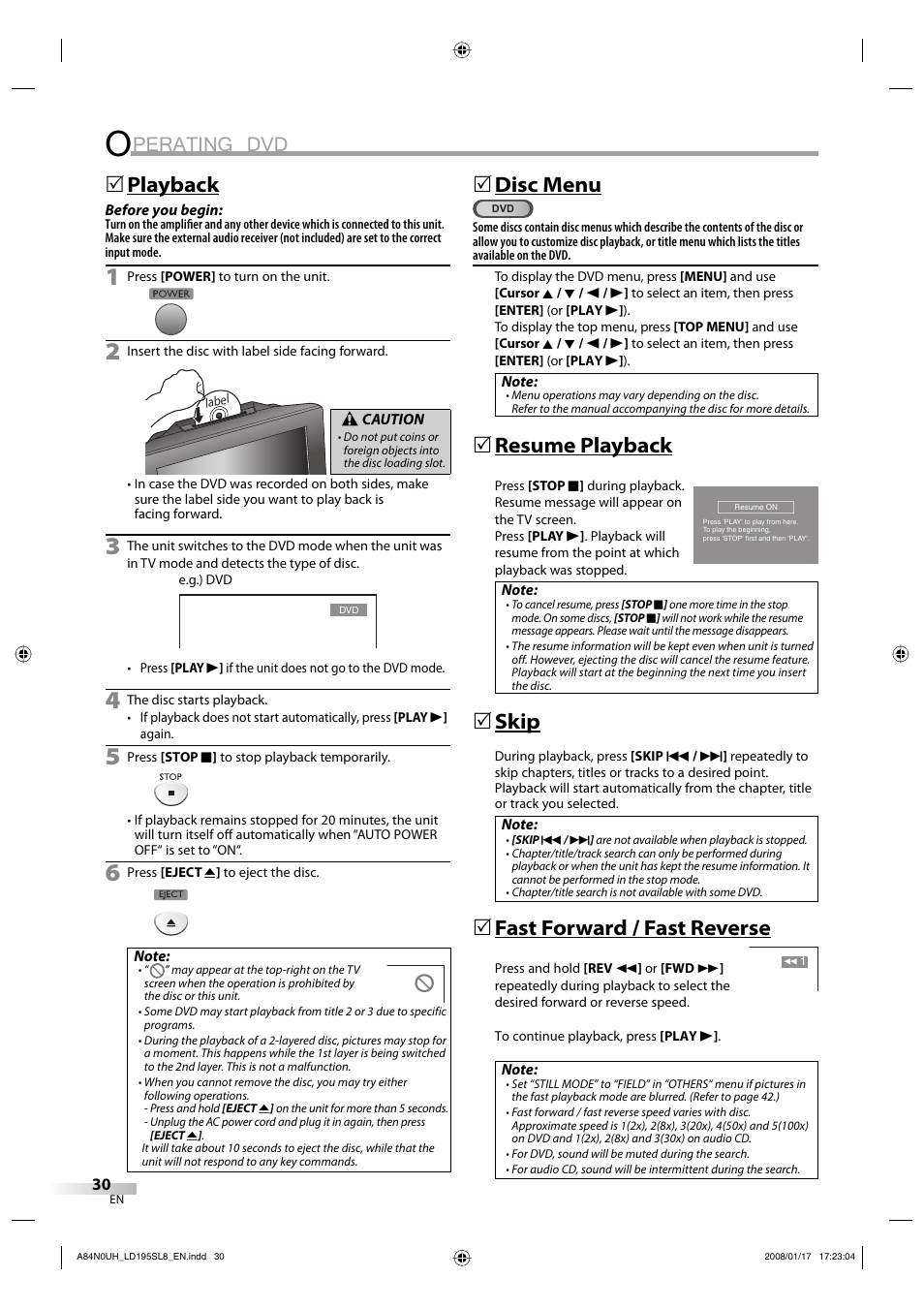 Perating dvd, Playback, Disc menu | Resume playback, Skip, Fast forward / fast reverse | Sylvania LD195SL8 A User Manual | Page 30 / 96