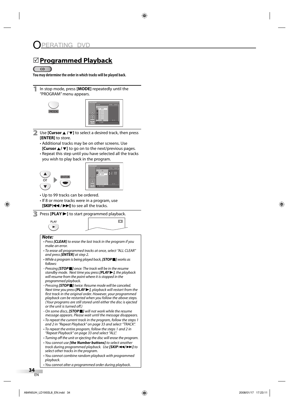 Perating dvd, Programmed playback, Press [play b ] to start programmed playback | Sylvania LD195SL8 A User Manual | Page 34 / 96