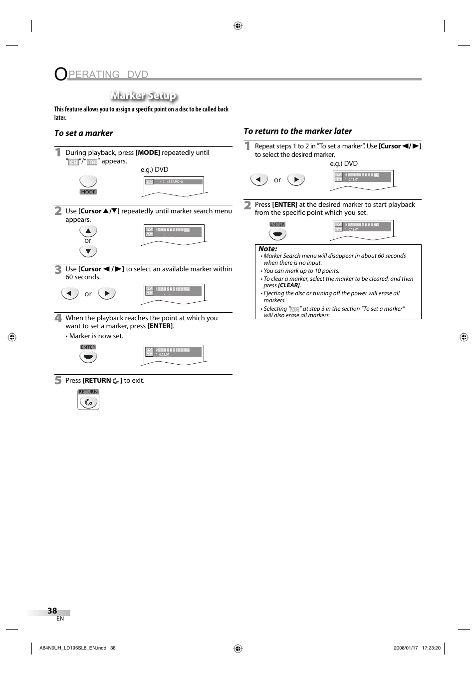 Perating dvd, Marker setup | Sylvania LD195SL8 A User Manual | Page 38 / 96