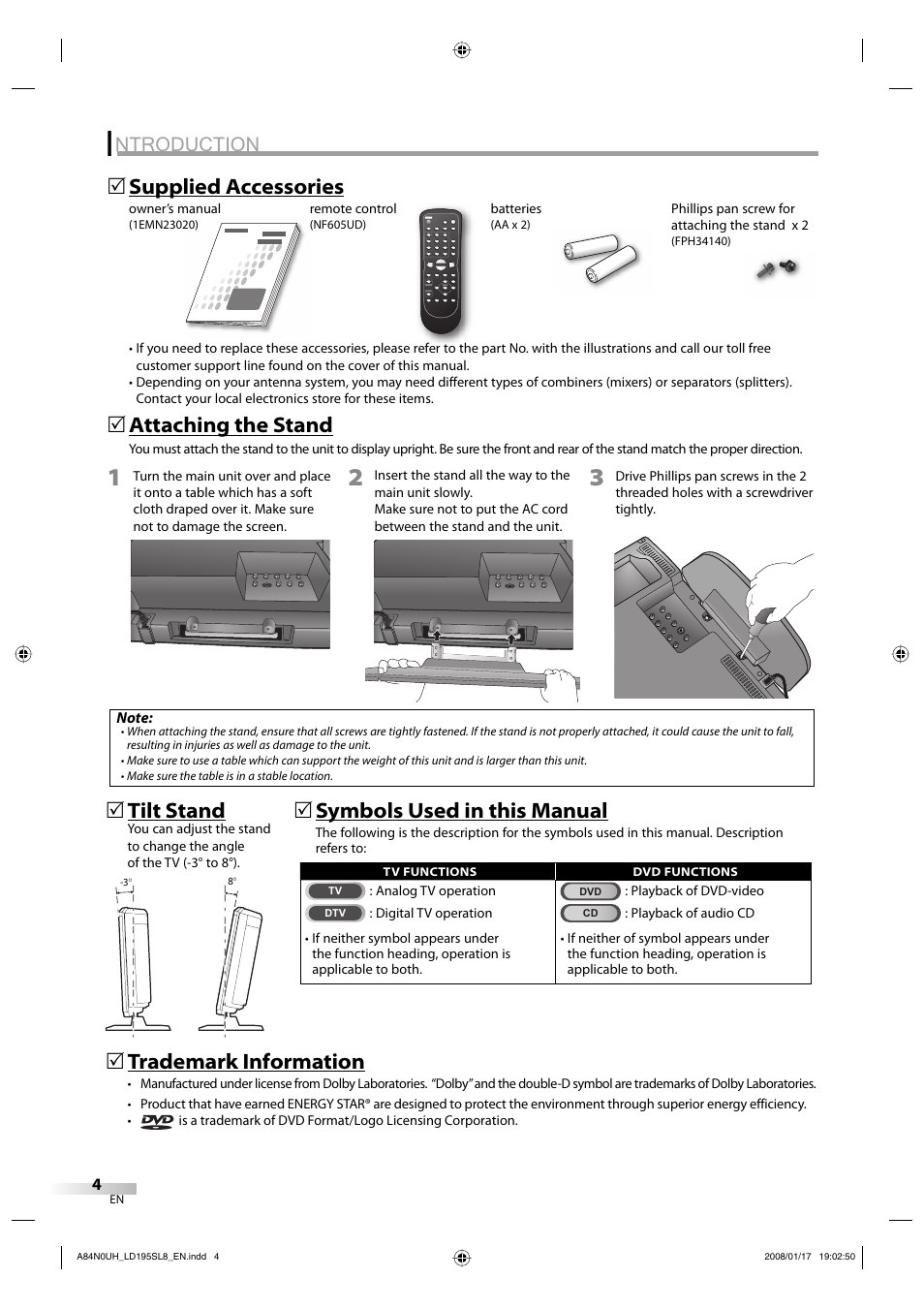 Ntroduction, Supplied accessories 5, Attaching the stand | Symbols used in this manual, 5tilt stand, 5trademark information | Sylvania LD195SL8 A User Manual | Page 4 / 96