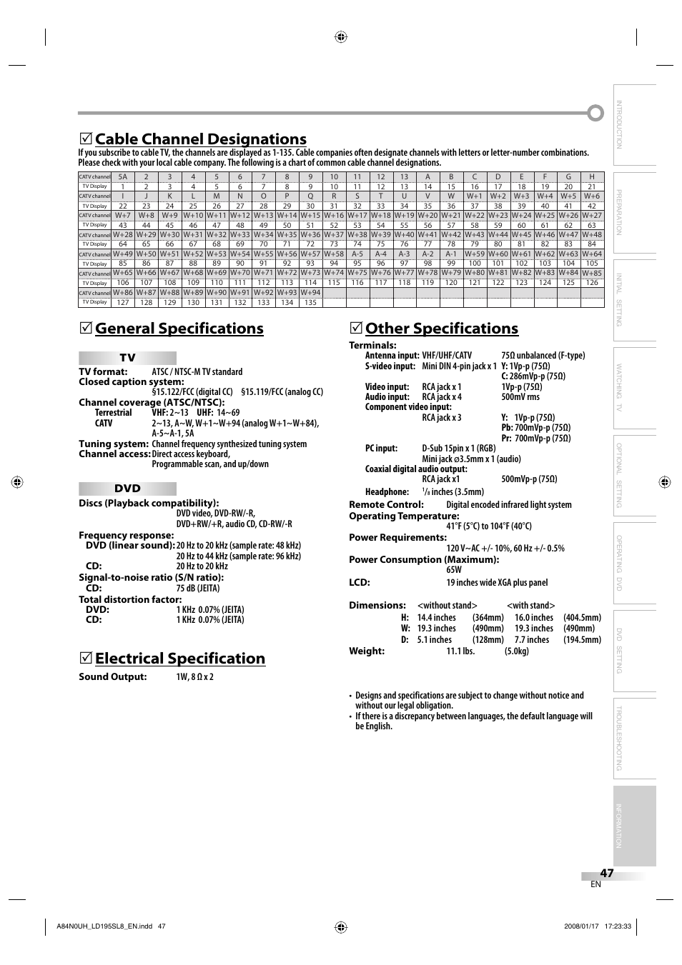 Electrical specification, 5other specifications | Sylvania LD195SL8 A User Manual | Page 47 / 96