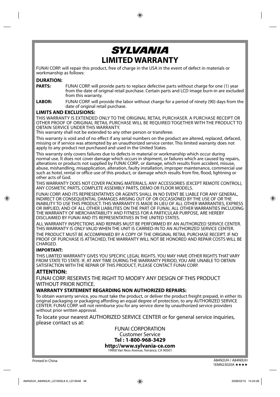 Limited warranty | Sylvania LD195SL8 A User Manual | Page 48 / 96