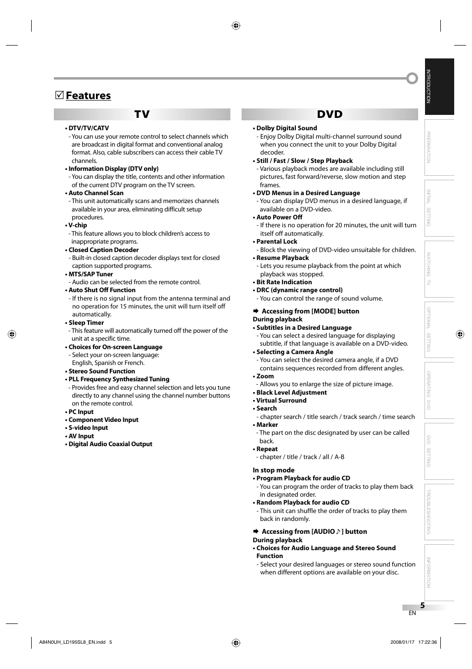 Features 5 tv dvd | Sylvania LD195SL8 A User Manual | Page 5 / 96