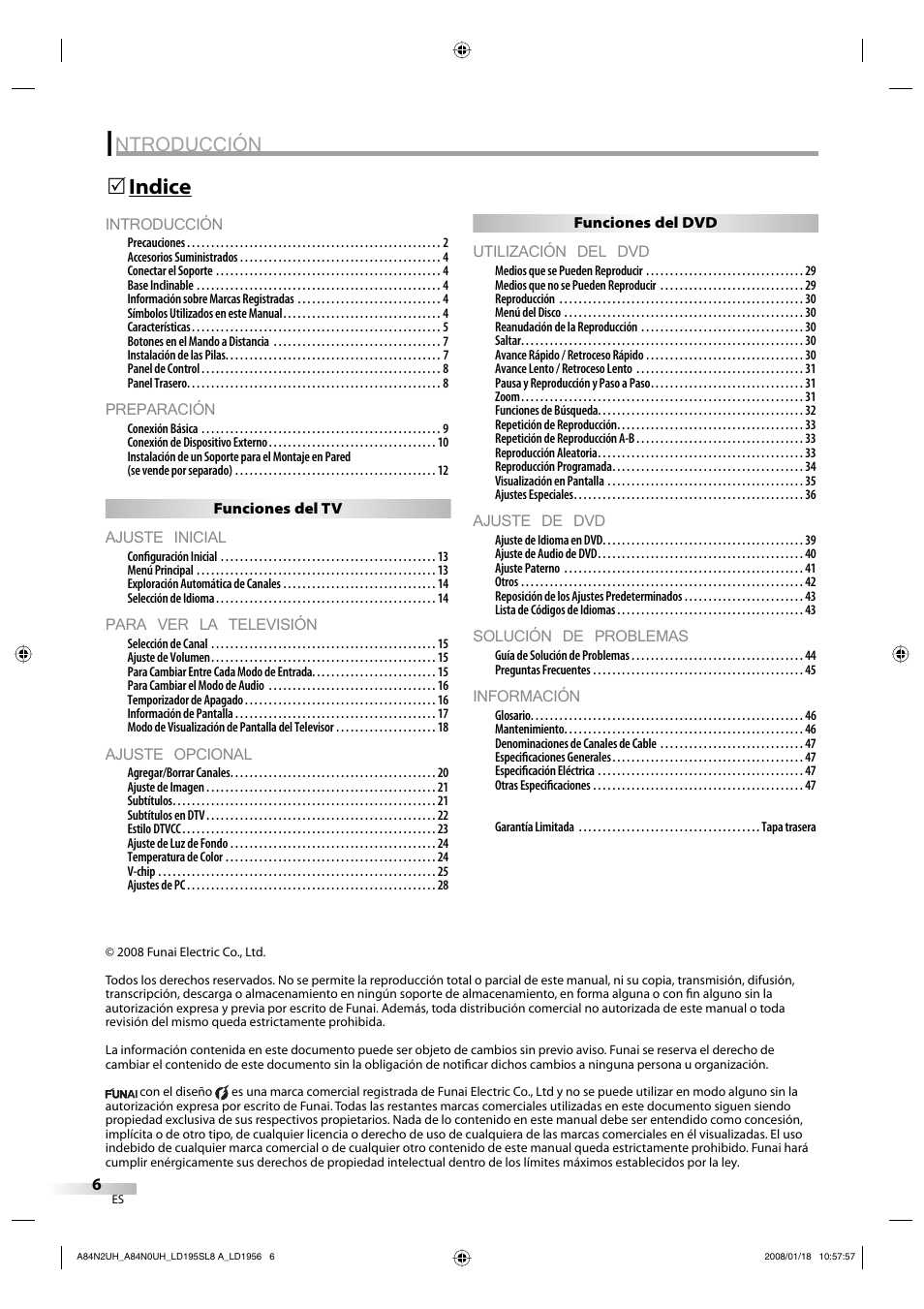 Ntroducción, Introducción, Preparación | Ajuste inicial, Para ver la televisión, Ajuste opcional, Utilización del dvd, Ajuste de dvd, Solución de problemas, Información | Sylvania LD195SL8 A User Manual | Page 54 / 96