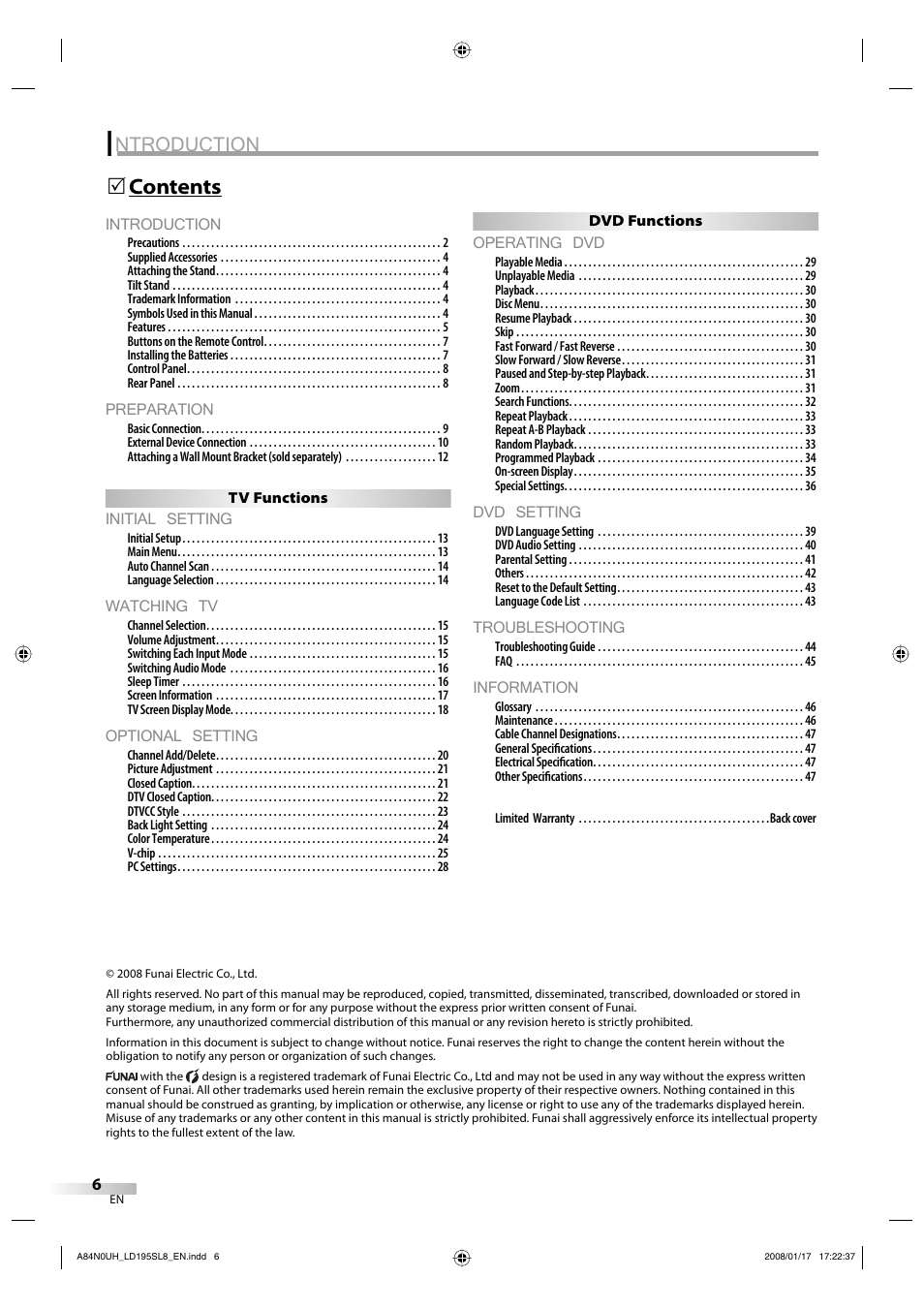Ntroduction, Introduction, Preparation | Initial setting, Watching tv, Optional setting, Operating dvd, Dvd setting, Troubleshooting, Information | Sylvania LD195SL8 A User Manual | Page 6 / 96
