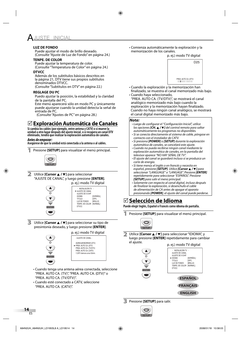 Juste inicial, Exploración automática de canales, Selección de idioma | Sylvania LD195SL8 A User Manual | Page 62 / 96