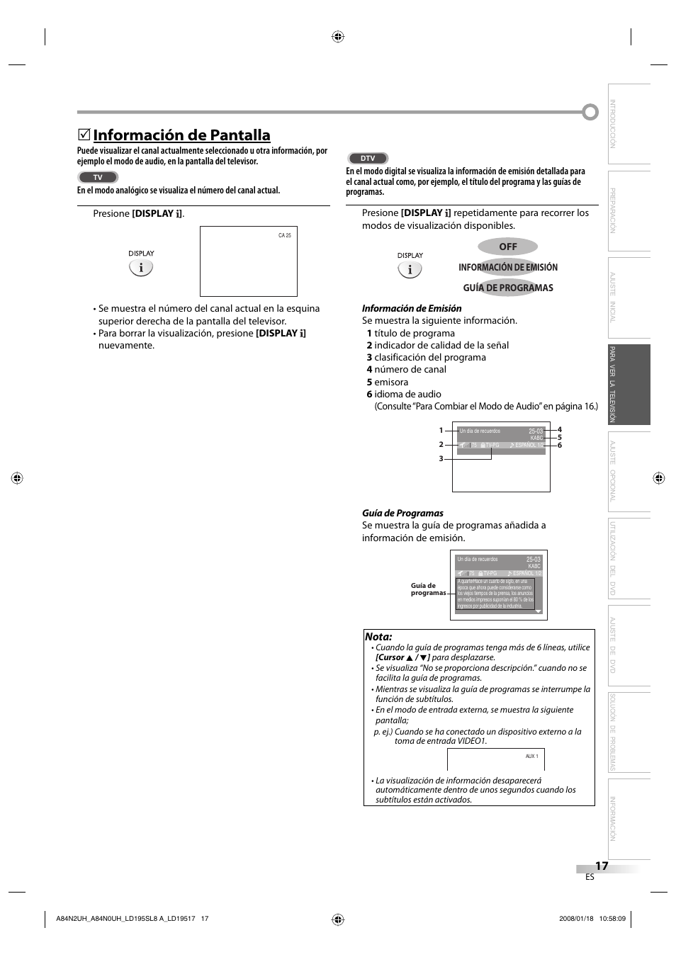 Información de pantalla, Nota | Sylvania LD195SL8 A User Manual | Page 65 / 96