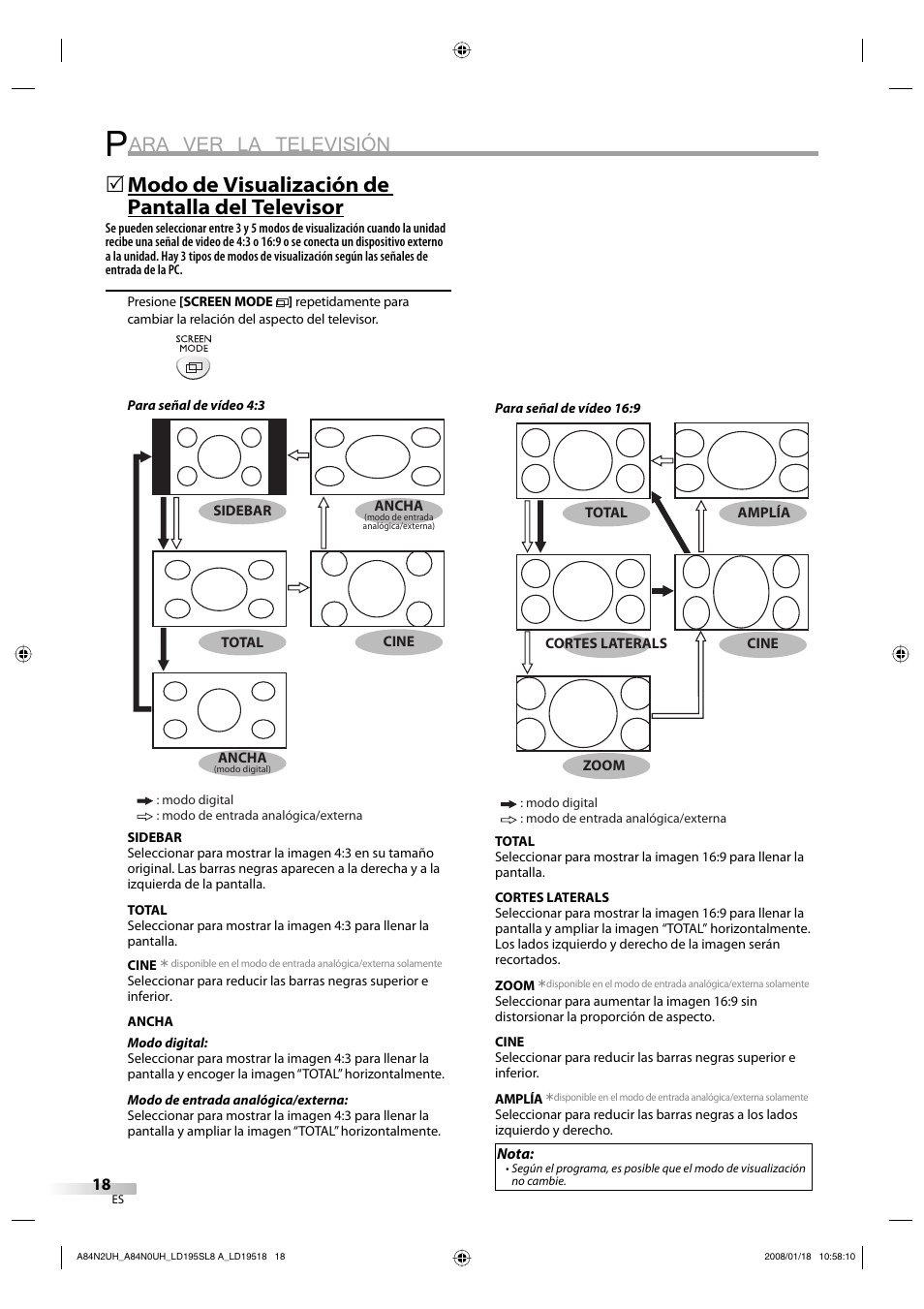 Ara ver la televisión, Modo de visualización de pantalla del televisor | Sylvania LD195SL8 A User Manual | Page 66 / 96