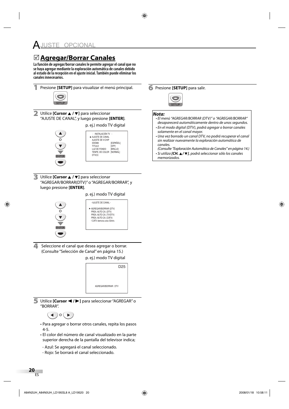 Juste opcional, Agregar/borrar canales | Sylvania LD195SL8 A User Manual | Page 68 / 96