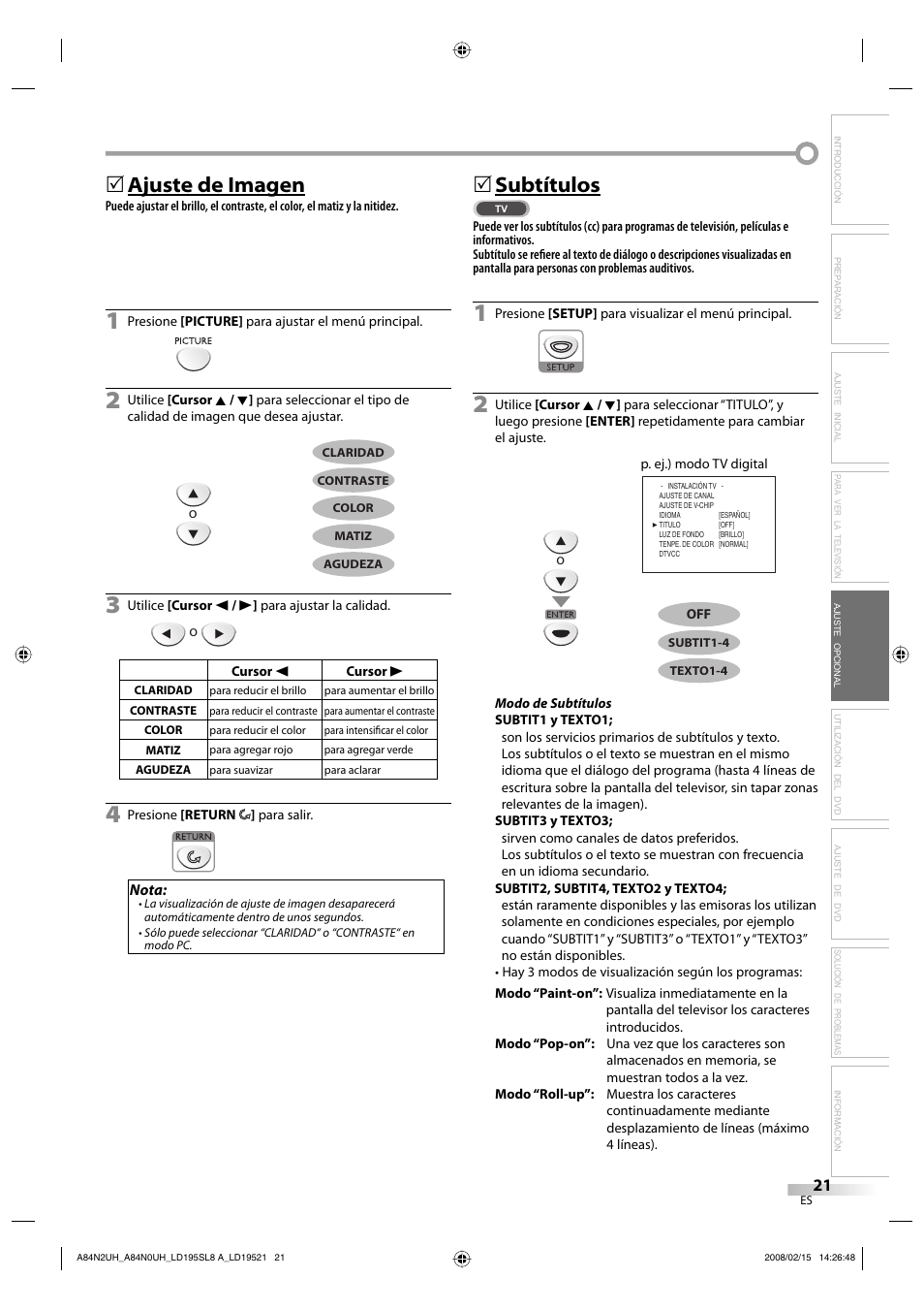 Ajuste de imagen, 5subtítulos | Sylvania LD195SL8 A User Manual | Page 69 / 96