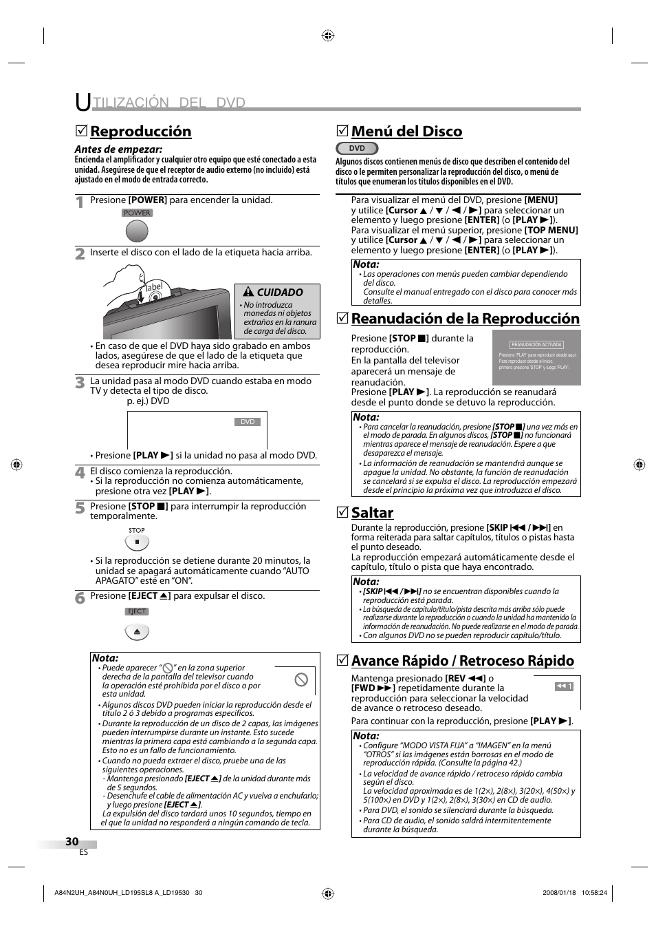 Tilización del dvd, Reproducción, 5menú del disco | Reanudación de la reproducción, Saltar, Avance rápido / retroceso rápido | Sylvania LD195SL8 A User Manual | Page 78 / 96