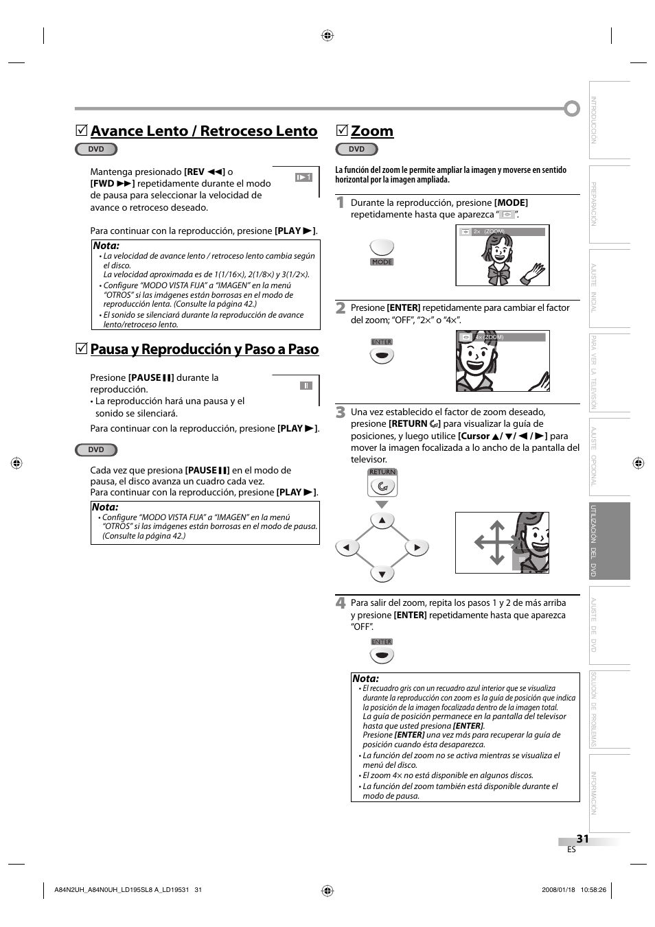 Avance lento / retroceso lento, Pausa y reproducción y paso a paso, 5zoom | Sylvania LD195SL8 A User Manual | Page 79 / 96