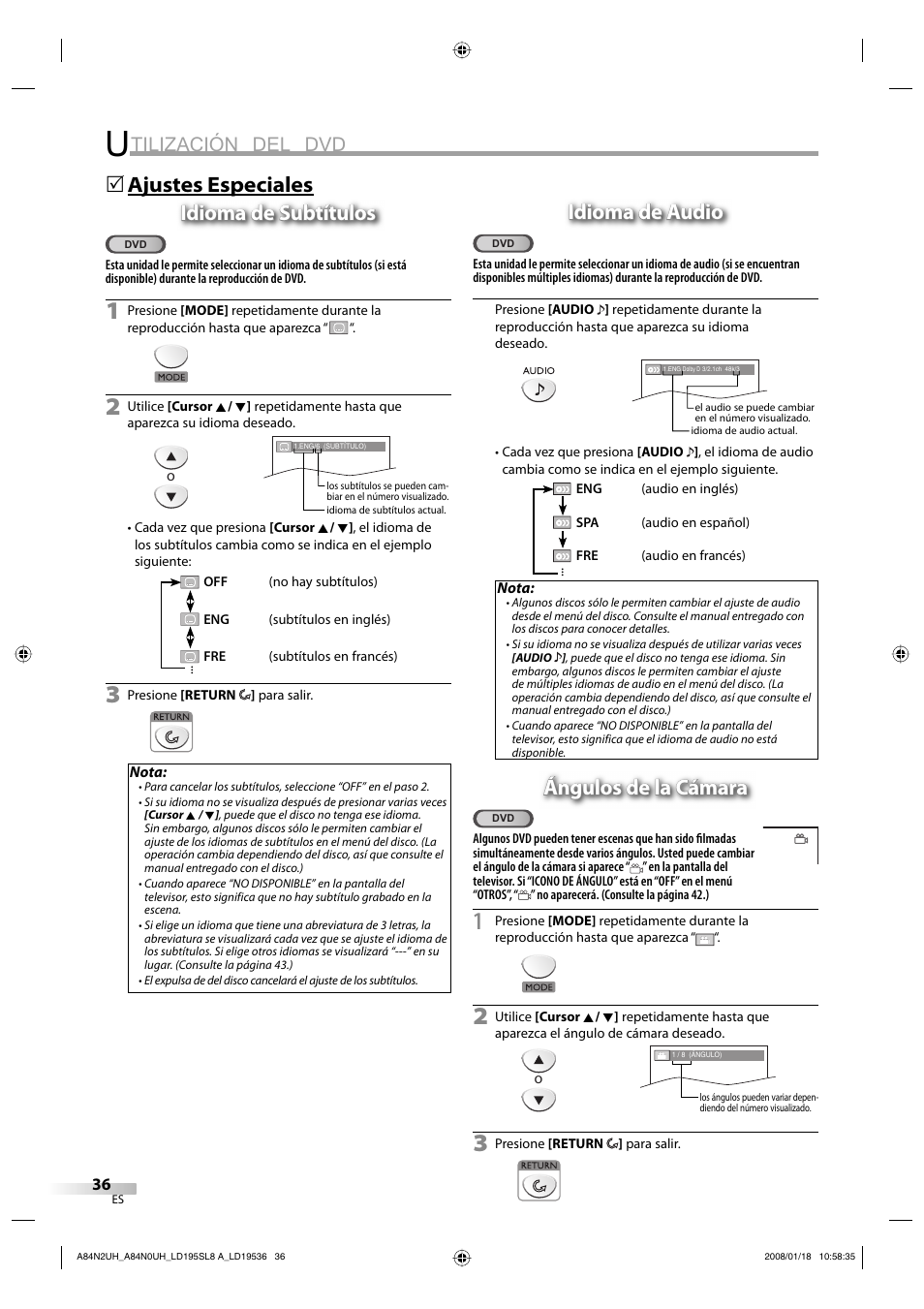 Tilización del dvd, 5idioma de audio idioma de audio, Ángulos de la cámara | Sylvania LD195SL8 A User Manual | Page 84 / 96