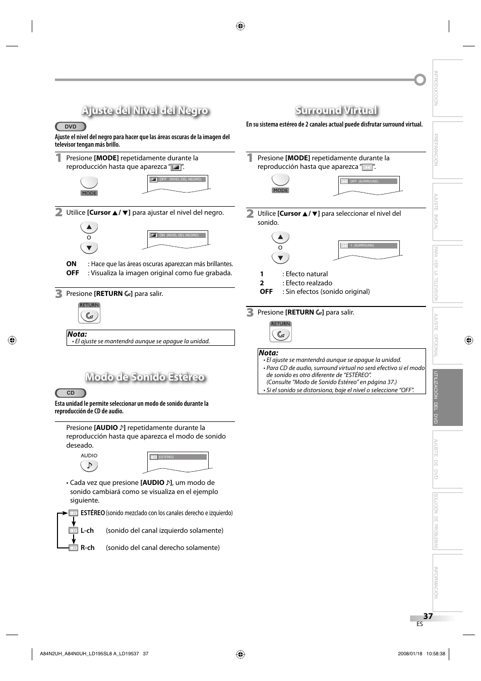 Ajuste del nivel del negro, Modo de sonido estéreo, Surround virtual | Sylvania LD195SL8 A User Manual | Page 85 / 96