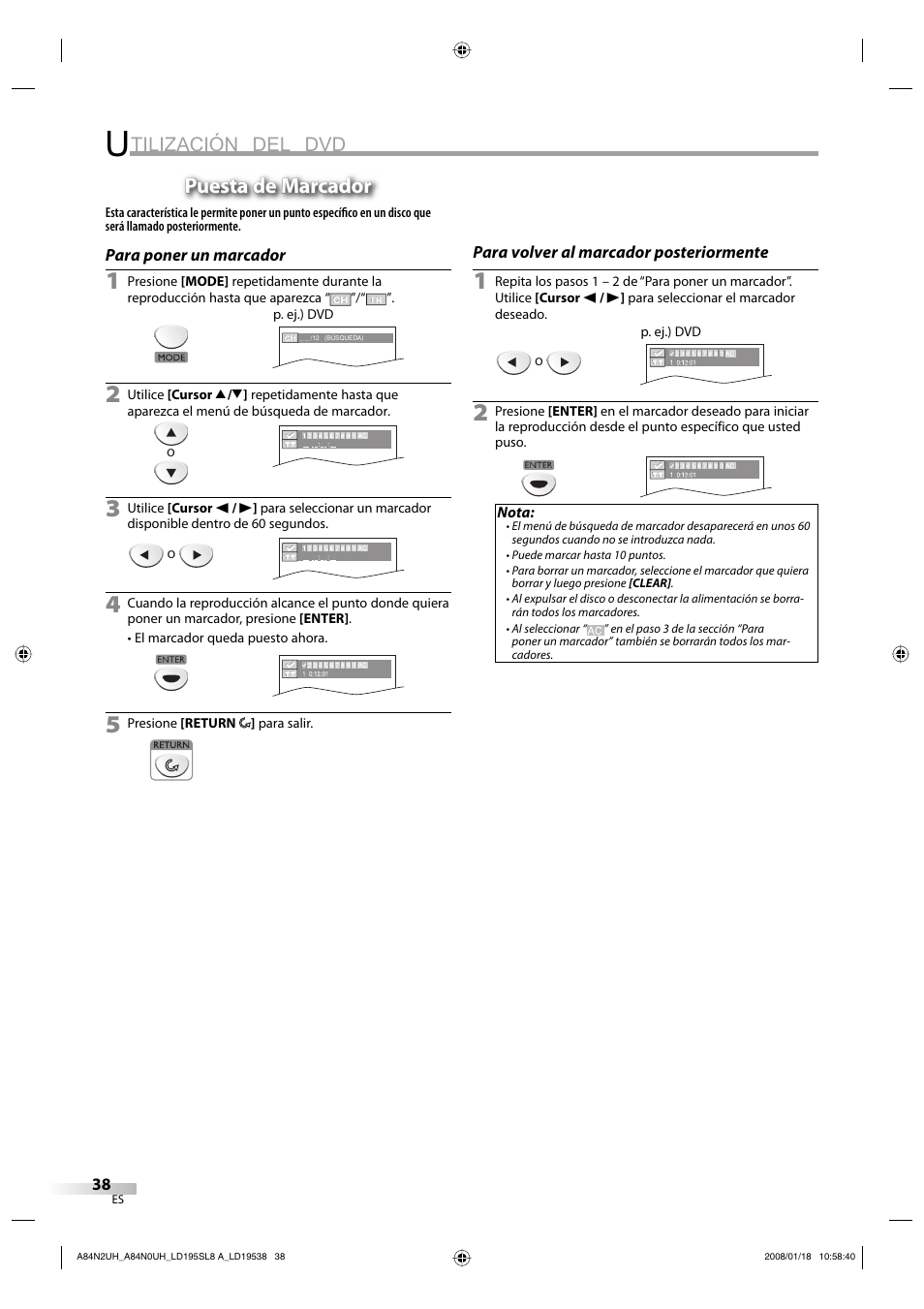 Tilización del dvd, Puesta de marcador | Sylvania LD195SL8 A User Manual | Page 86 / 96