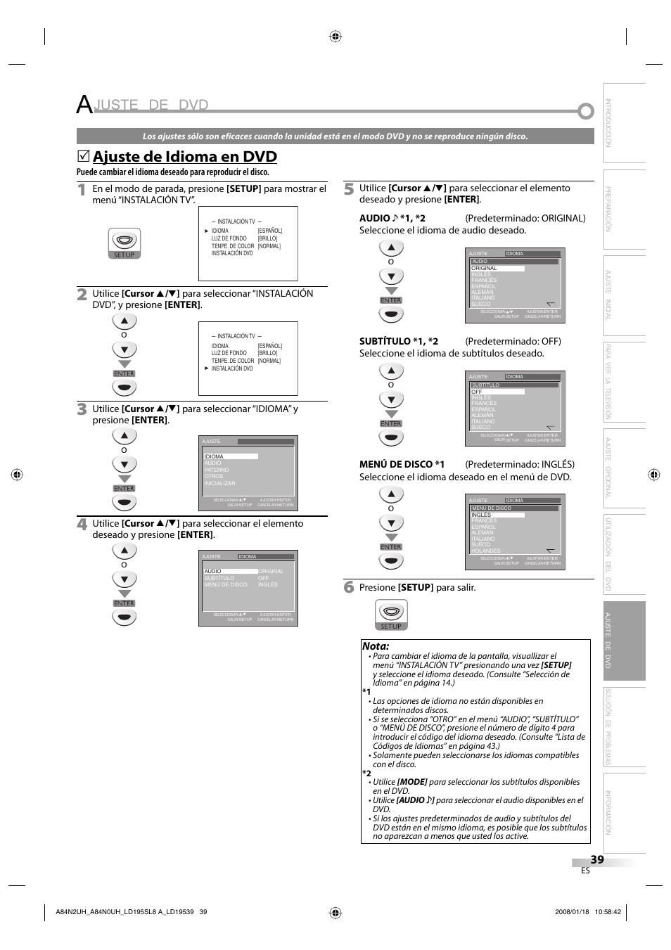 Juste de dvd, Ajuste de idioma en dvd, Nota | Sylvania LD195SL8 A User Manual | Page 87 / 96