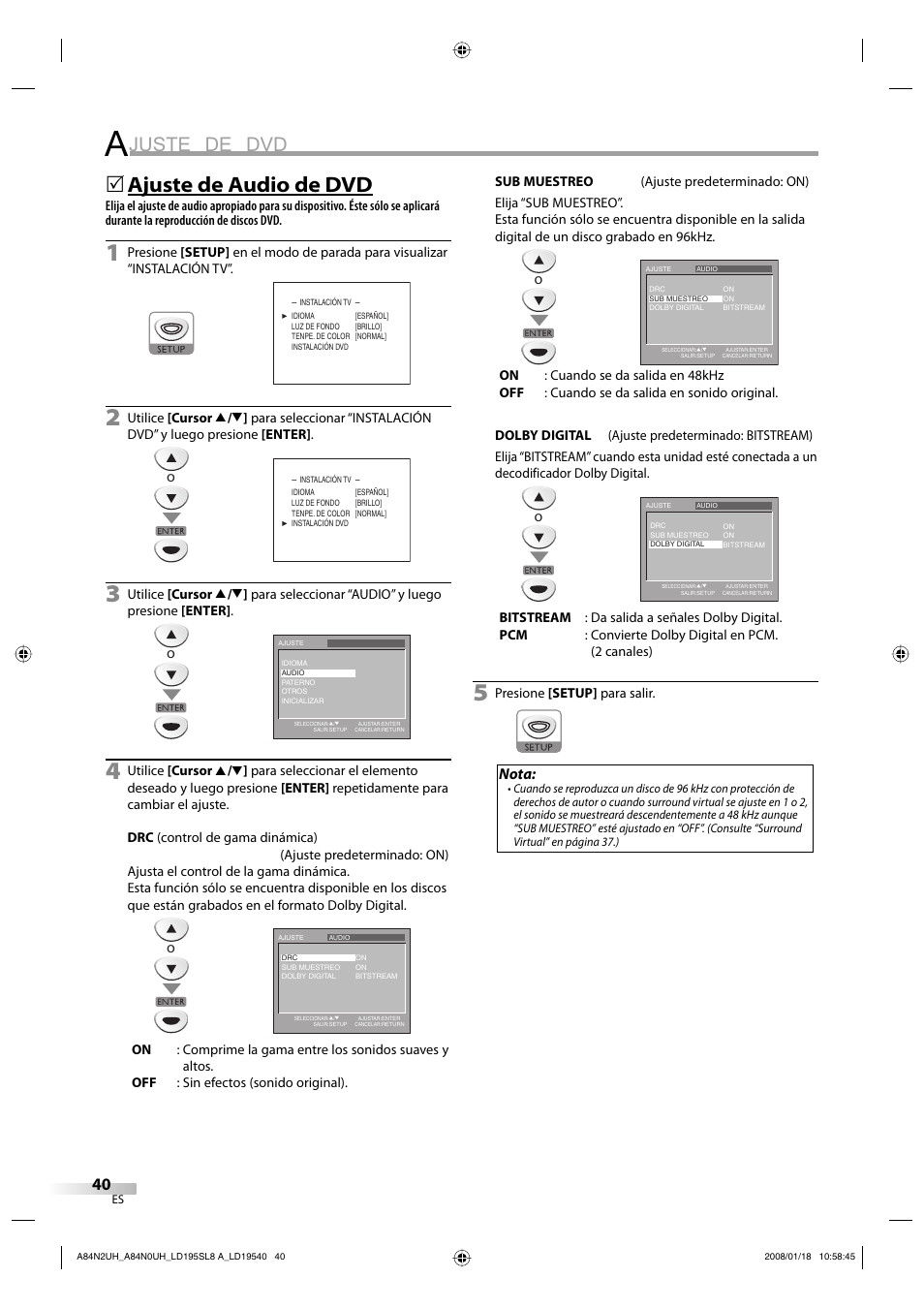 Juste de dvd, Ajuste de audio de dvd, Nota | Sylvania LD195SL8 A User Manual | Page 88 / 96