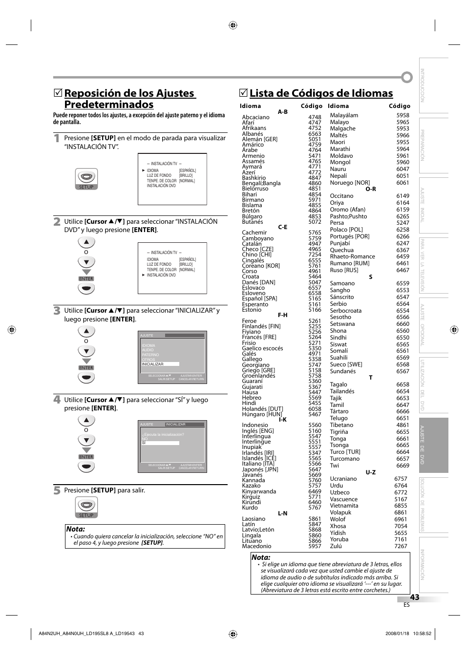 Reposición de los ajustes predeterminados, 5lista de códigos de idiomas, Nota | Sylvania LD195SL8 A User Manual | Page 91 / 96