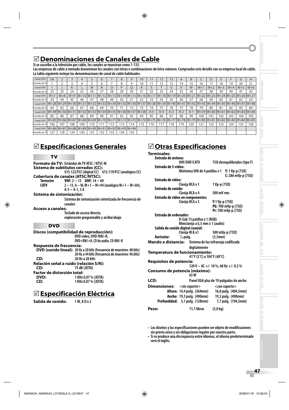 Especificación eléctrica, 5otras especificaciones | Sylvania LD195SL8 A User Manual | Page 95 / 96