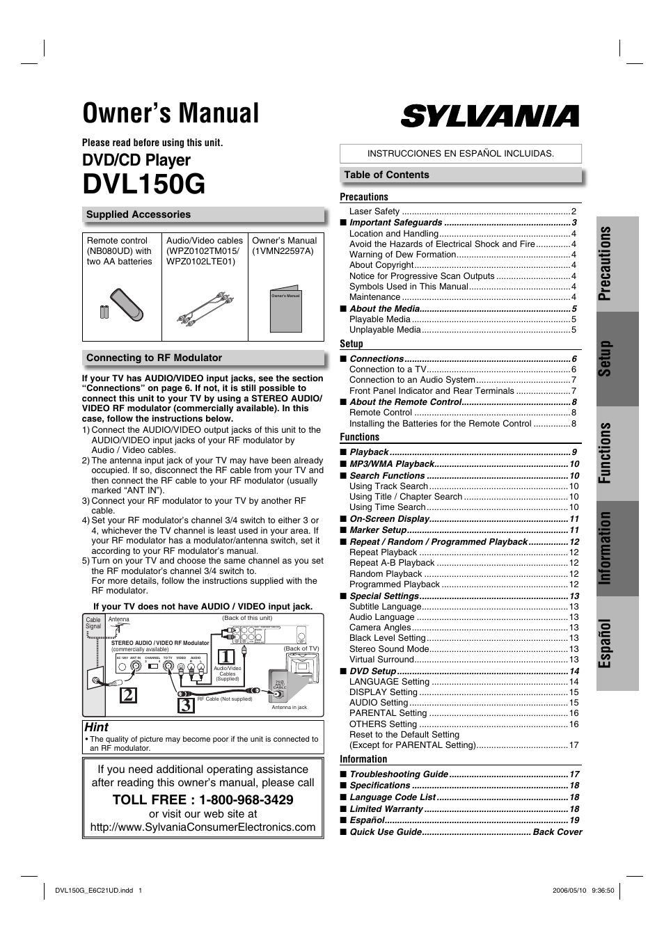 Sylvania DVL150G User Manual | 20 pages