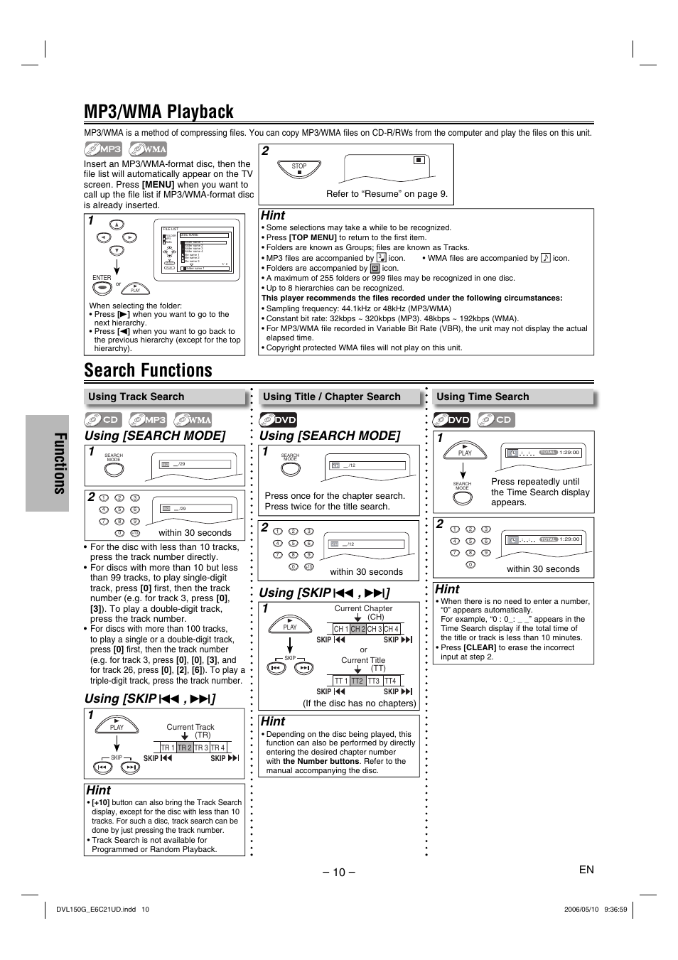 Search functions, Mp3/wma playback, Functions | Using [search mode, Using [search mode] 1 2, Using [skip, Hint, Using time search, Using track search, Using title / chapter search | Sylvania DVL150G User Manual | Page 10 / 20
