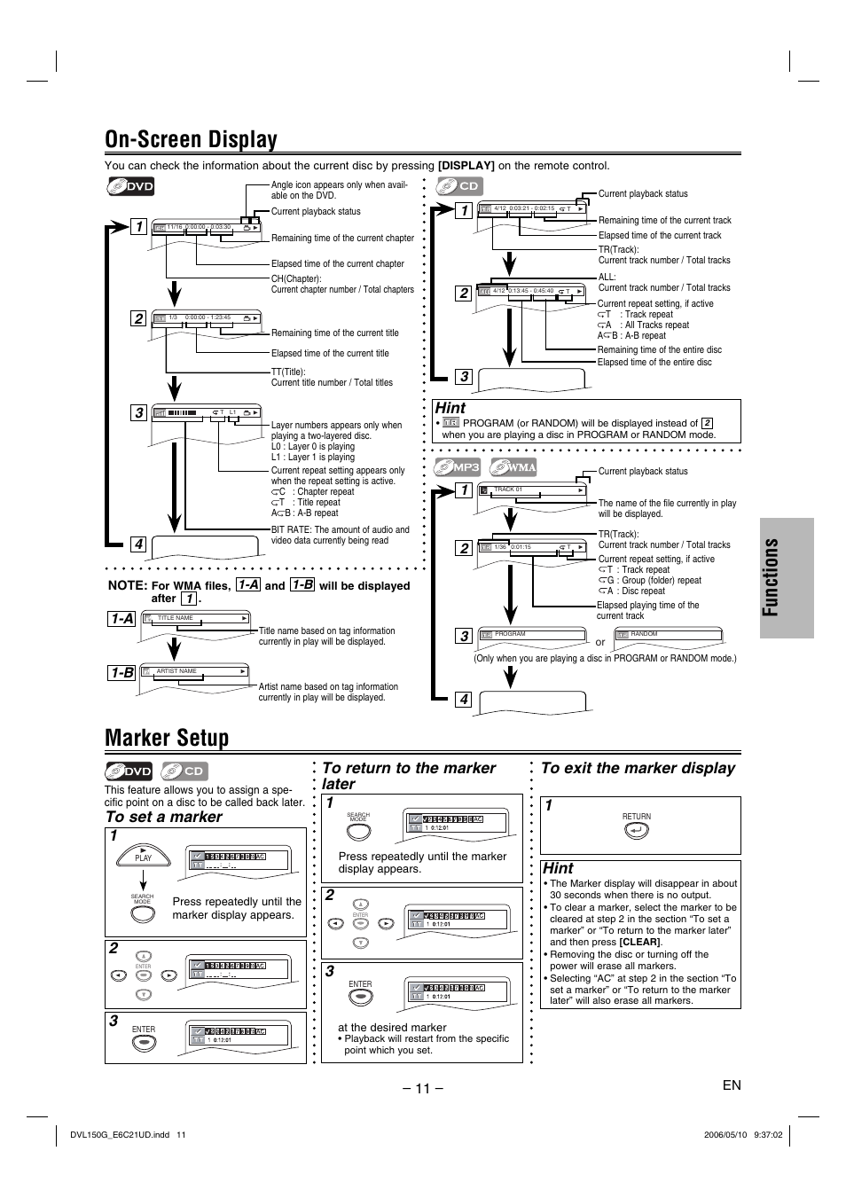 Marker setup, On-screen display, Functions | Hint, A 1-b | Sylvania DVL150G User Manual | Page 11 / 20