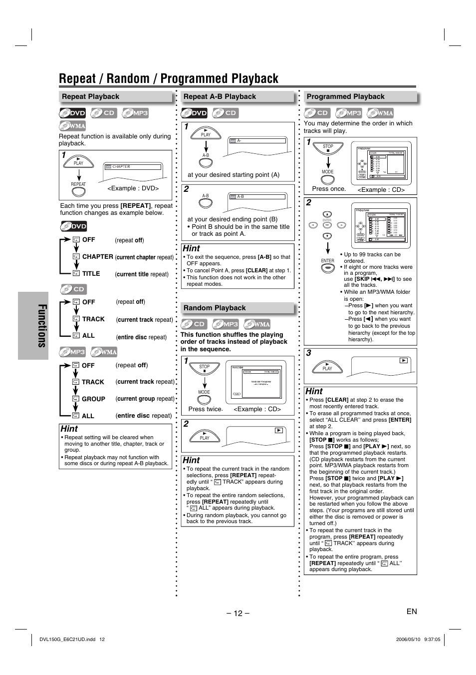 Repeat / random / programmed playback, Functions, Hint | Sylvania DVL150G User Manual | Page 12 / 20