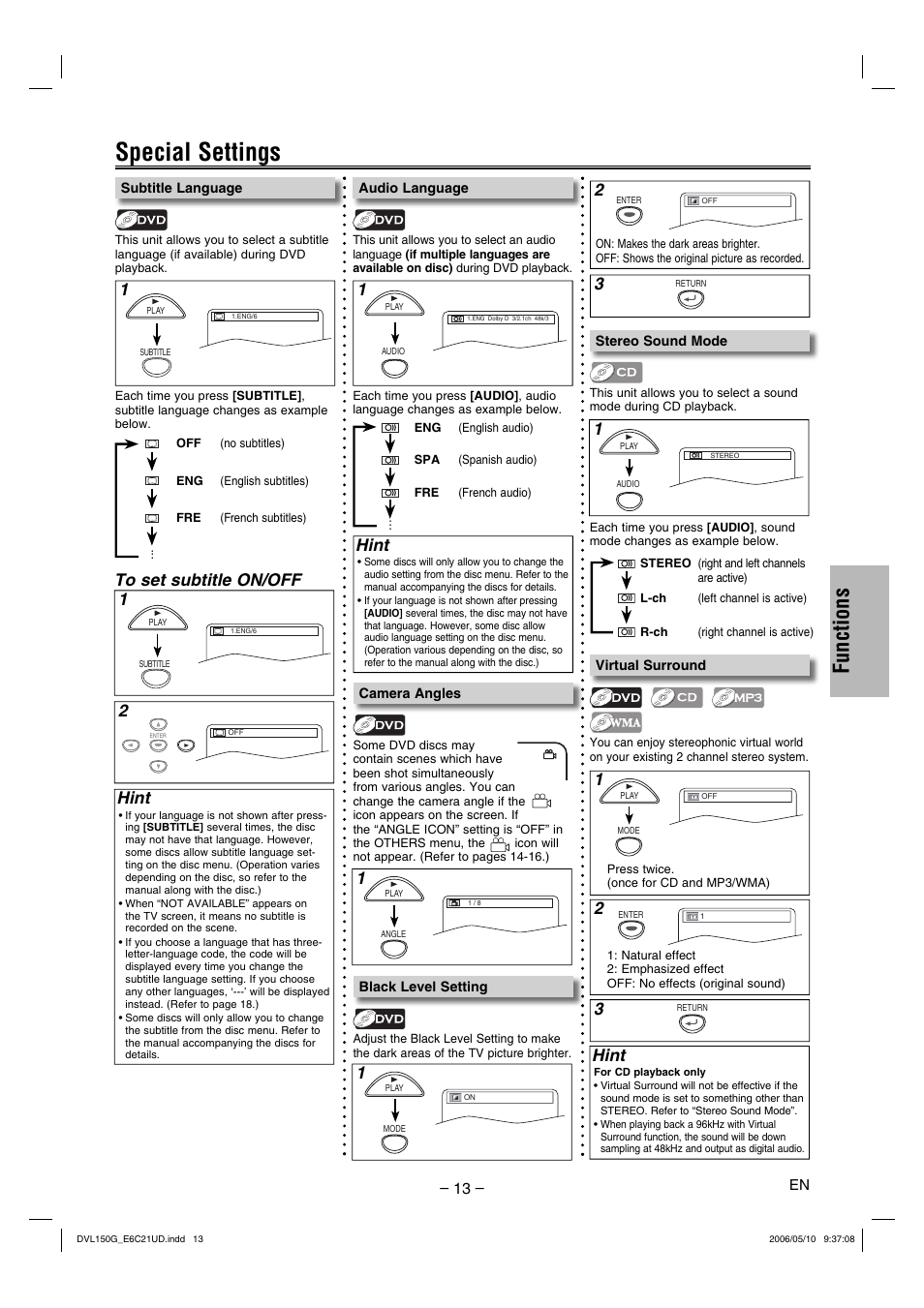 Special settings, Functions, Hint | Sylvania DVL150G User Manual | Page 13 / 20