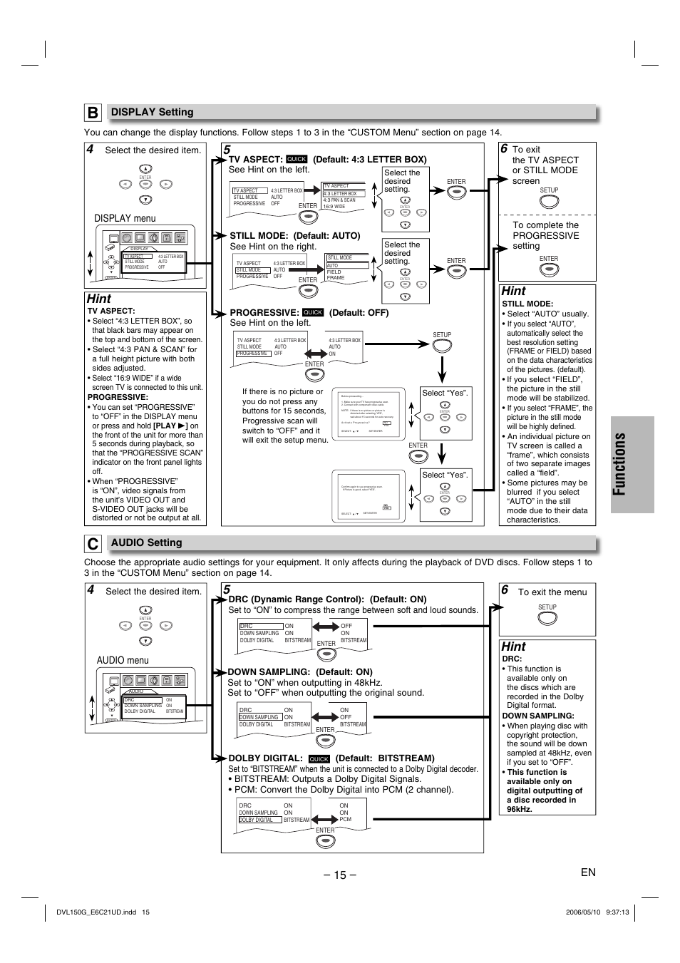 Functions, Hint, Display menu | Audio menu, Display setting, Audio setting | Sylvania DVL150G User Manual | Page 15 / 20