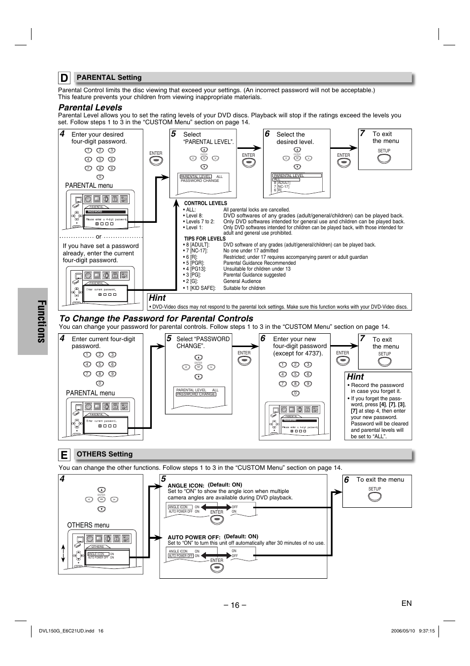 Functions, 64 4 hint, Parental levels | Hint, Parental menu, Others menu, Parental setting, Others setting | Sylvania DVL150G User Manual | Page 16 / 20