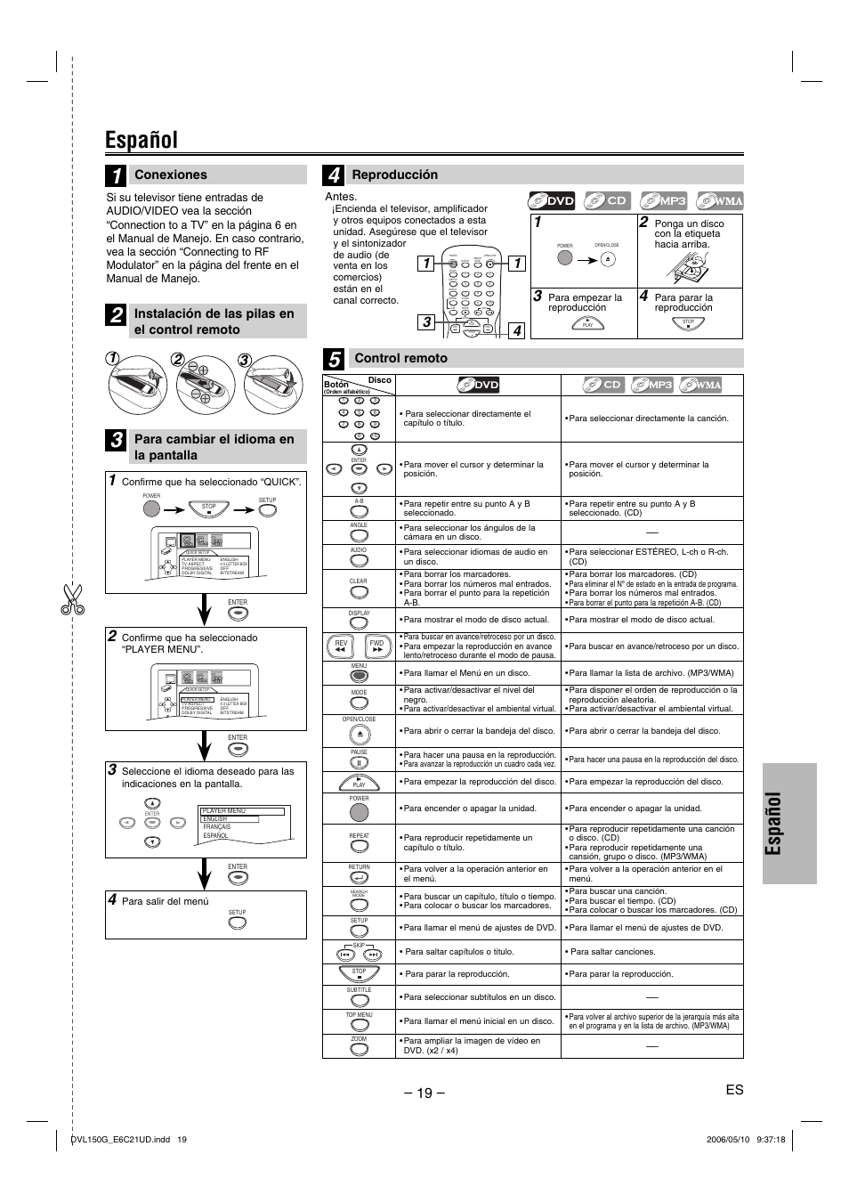 Español, Conexiones, Para cambiar el idioma en la pantalla | Reproducción | Sylvania DVL150G User Manual | Page 19 / 20