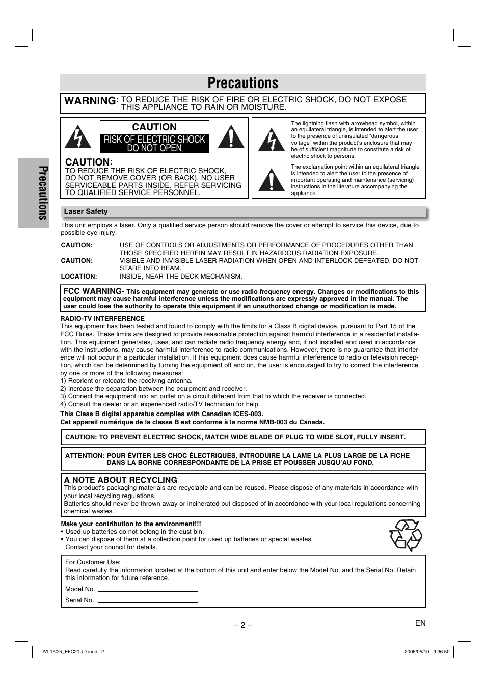 Precautions, Warning, Caution risk of electric shock do not open caution | Sylvania DVL150G User Manual | Page 2 / 20