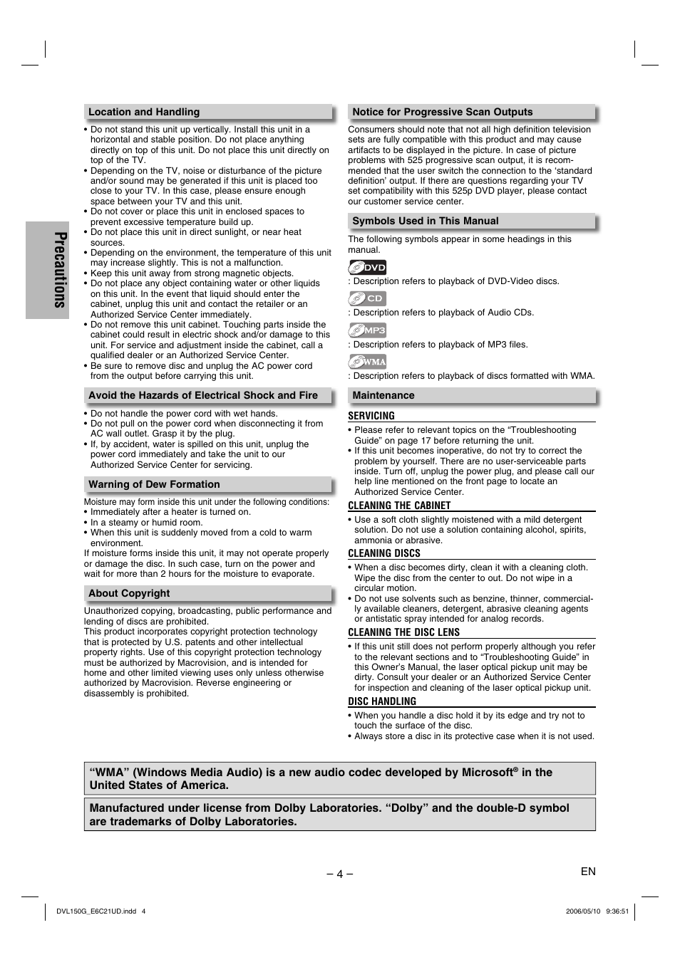 Precautions | Sylvania DVL150G User Manual | Page 4 / 20