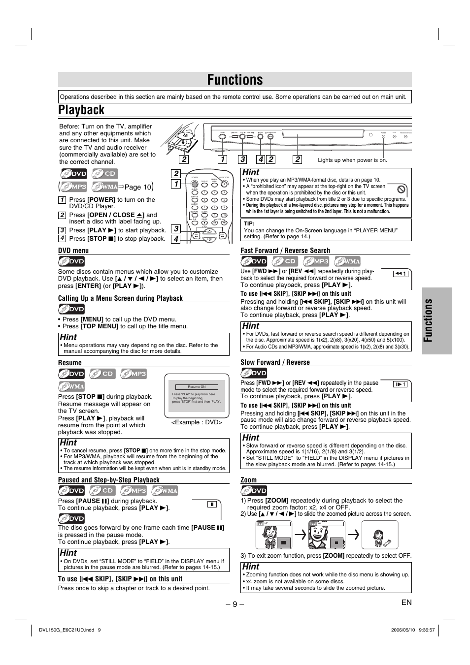 Playback, Functions, Hint | Sylvania DVL150G User Manual | Page 9 / 20