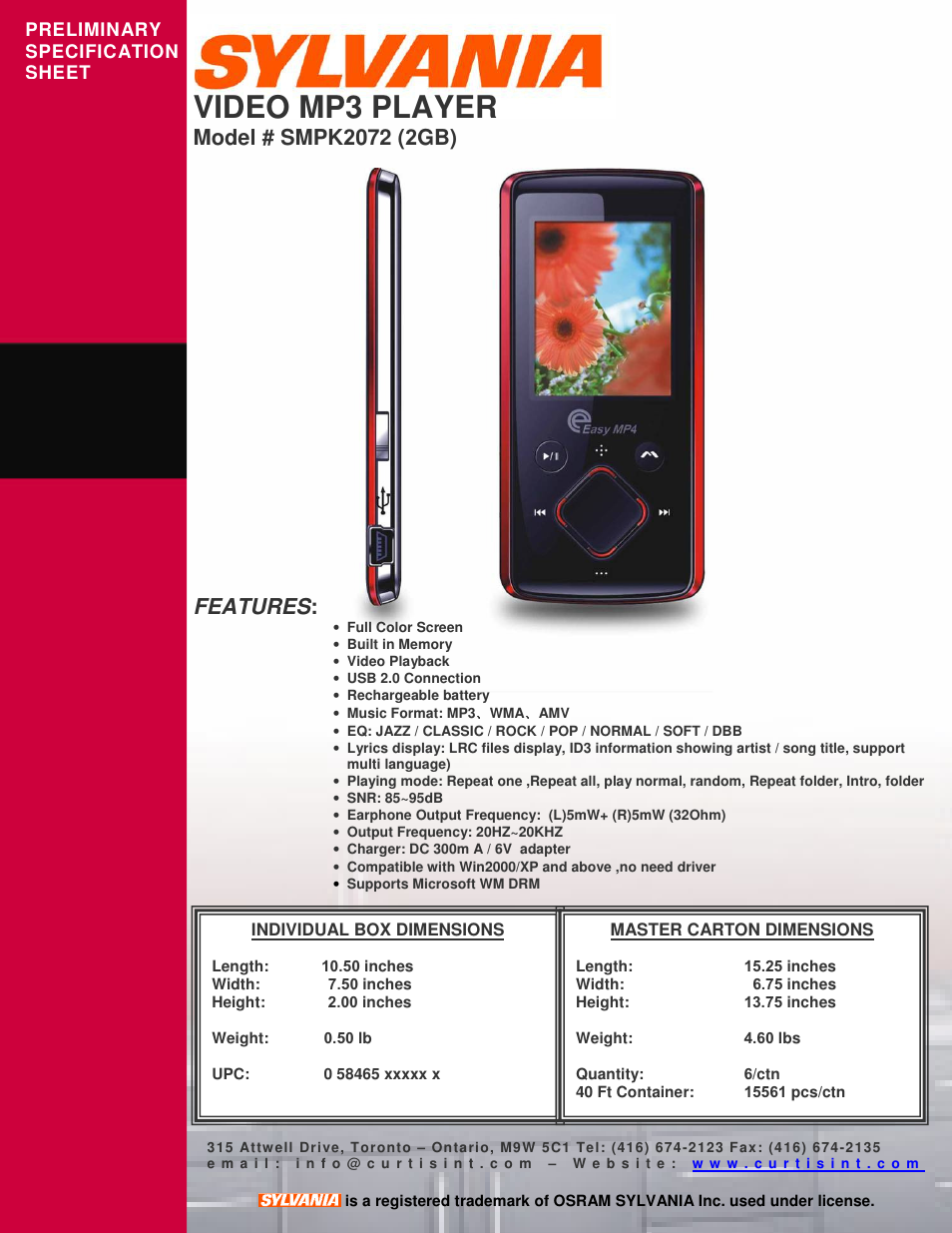 Sylvania SMPK2072(2GB) User Manual | 1 page