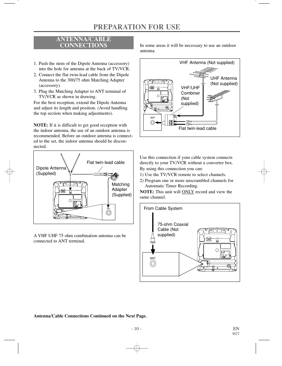 Preparation for use, Antenna/cable connections, Dipole antenna hook up | Cable without converter/ descrambler box, Vhf/uhf separate antennas, Vhf/uhf combined antenna | Sylvania 6309CCC User Manual | Page 10 / 30