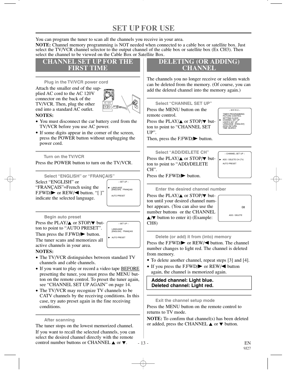Set up for use, Channel set up for the first time, Deleting (or adding) channel | Sylvania 6309CCC User Manual | Page 13 / 30