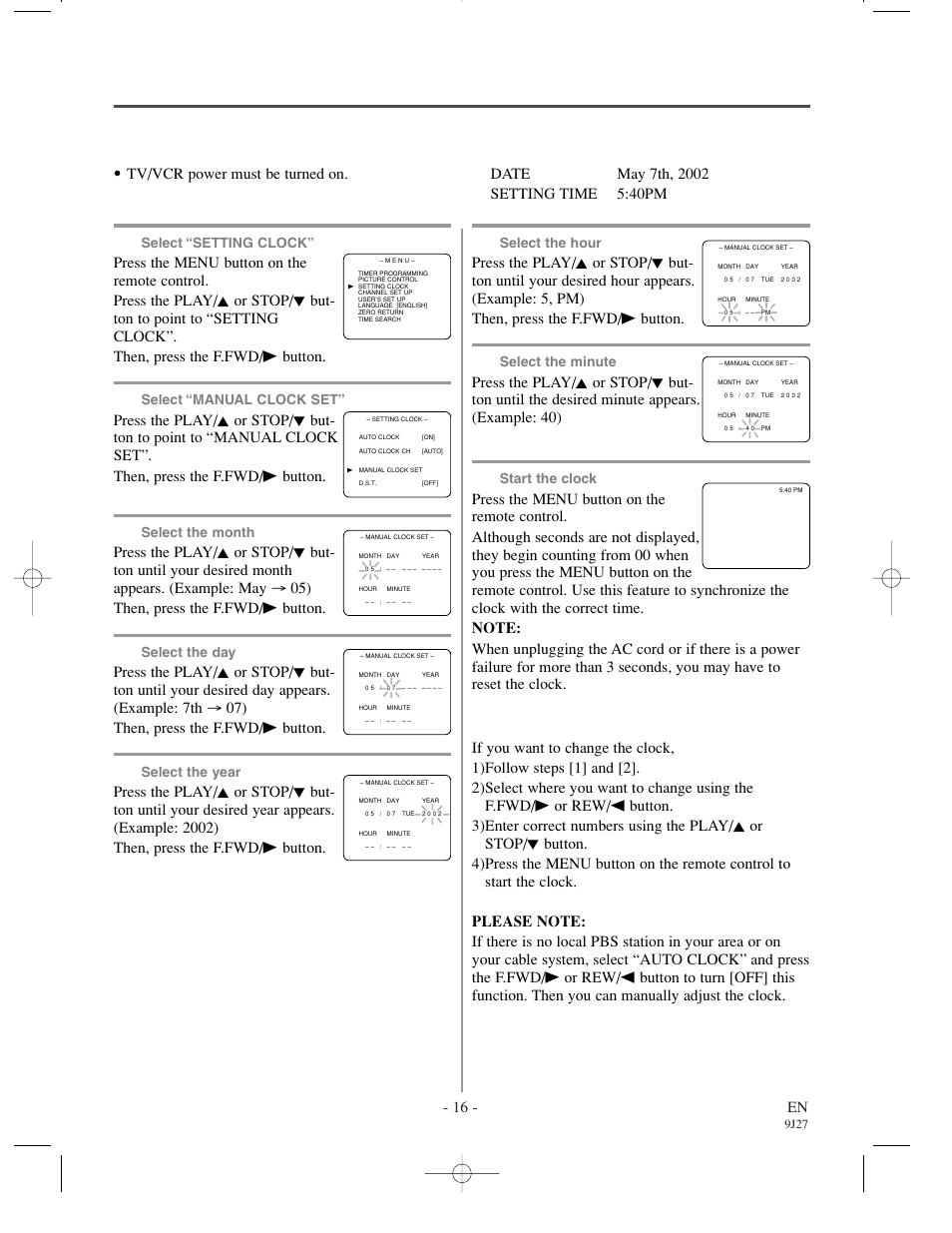 Manual clock setting, 16 - en, Make sure | Select “setting clock, Select “manual clock set, Select the month, Select the day, Select the year, Select the hour, Select the minute | Sylvania 6309CCC User Manual | Page 16 / 30