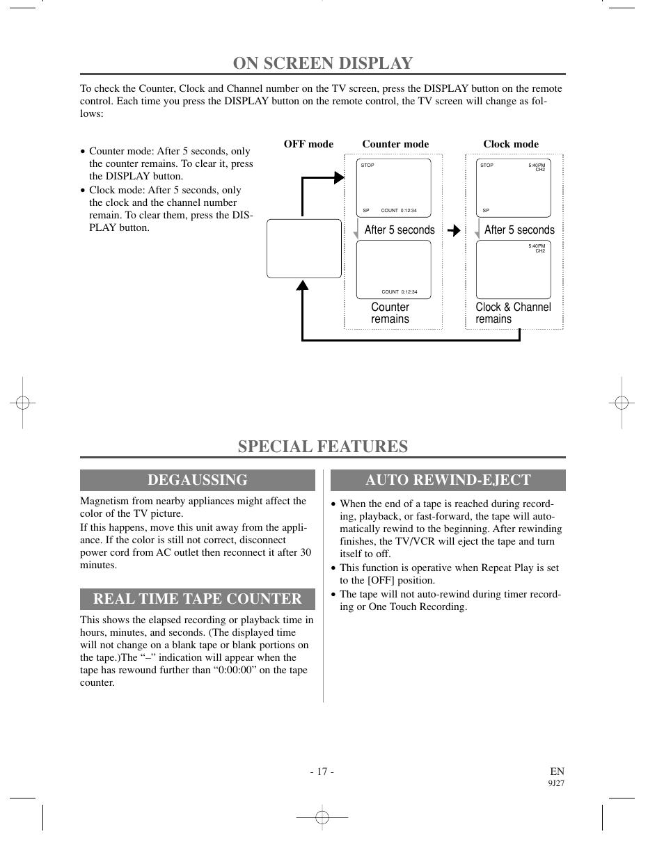 On screen display, Special features, Degaussing | Real time tape counter, Auto rewind-eject | Sylvania 6309CCC User Manual | Page 17 / 30