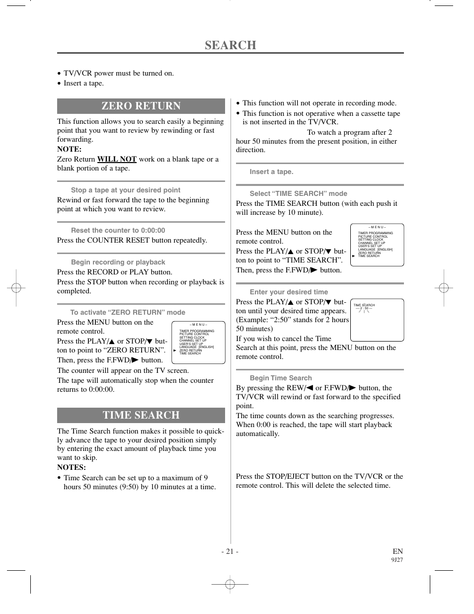 Search, Zero return, Time search | Sylvania 6309CCC User Manual | Page 21 / 30