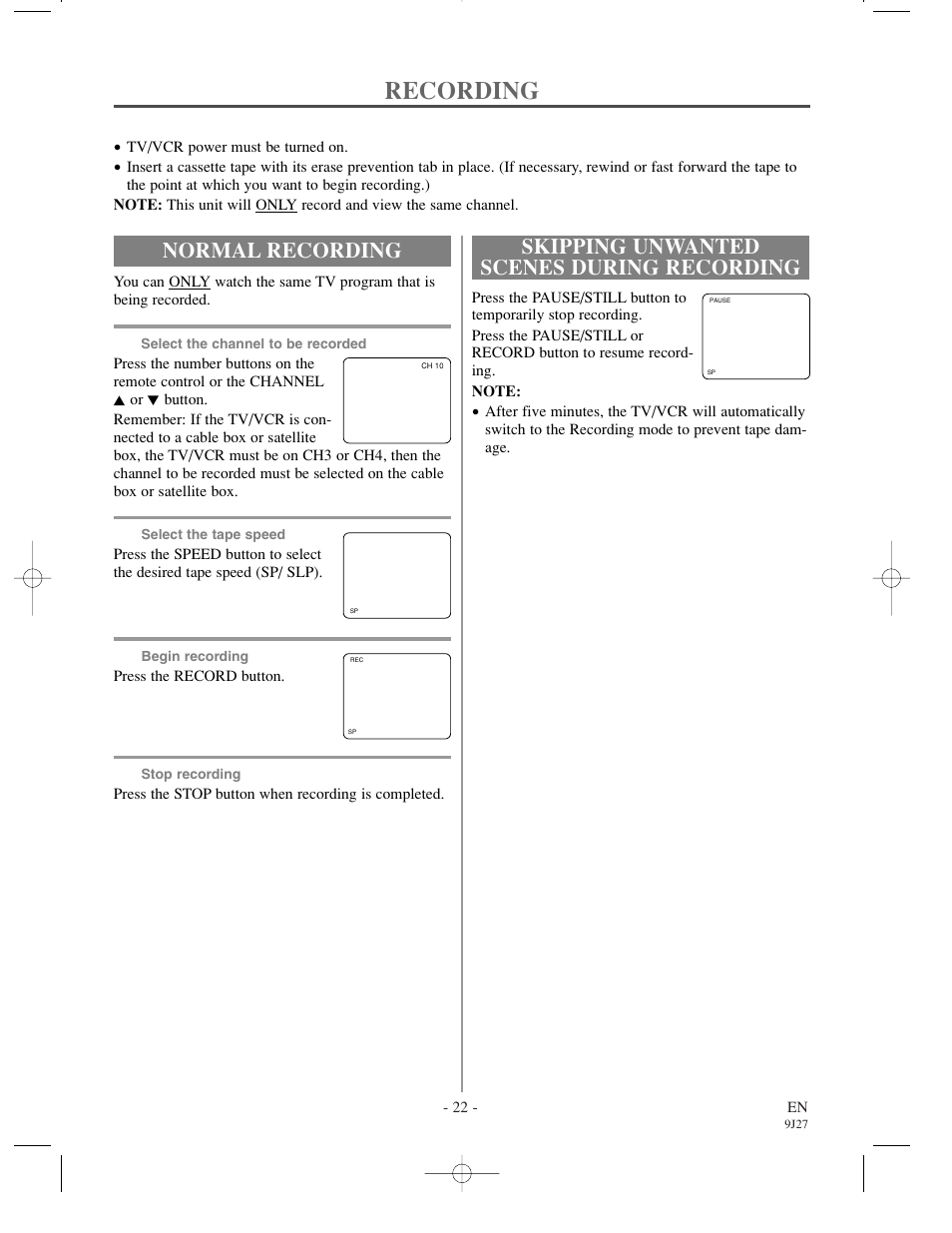 Recording, Normal recording, Skipping unwanted scenes during recording | Sylvania 6309CCC User Manual | Page 22 / 30