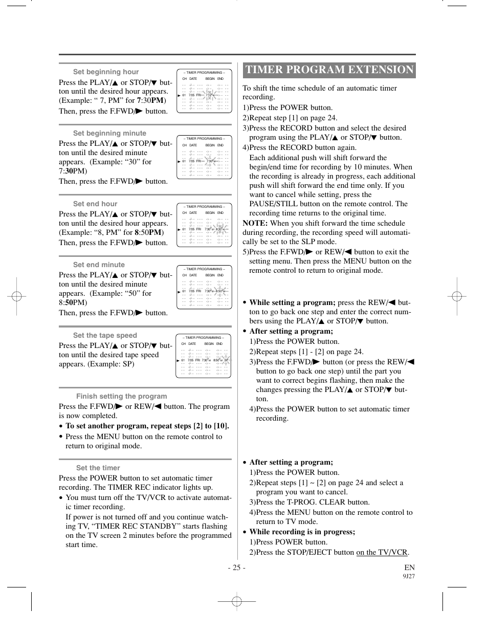 Timer program extension, 25 - en, Set beginning hour | Set beginning minute, Set end hour, Set end minute, Set the tape speed, Finish setting the program, Set the timer, 9j27 | Sylvania 6309CCC User Manual | Page 25 / 30