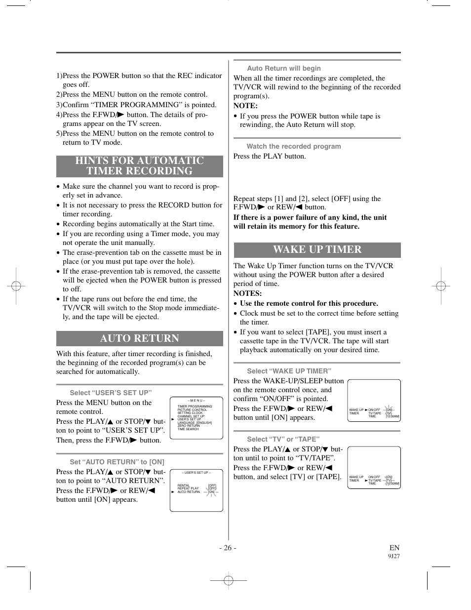 Hints for automatic timer recording, Auto return, Wake up timer | Sylvania 6309CCC User Manual | Page 26 / 30