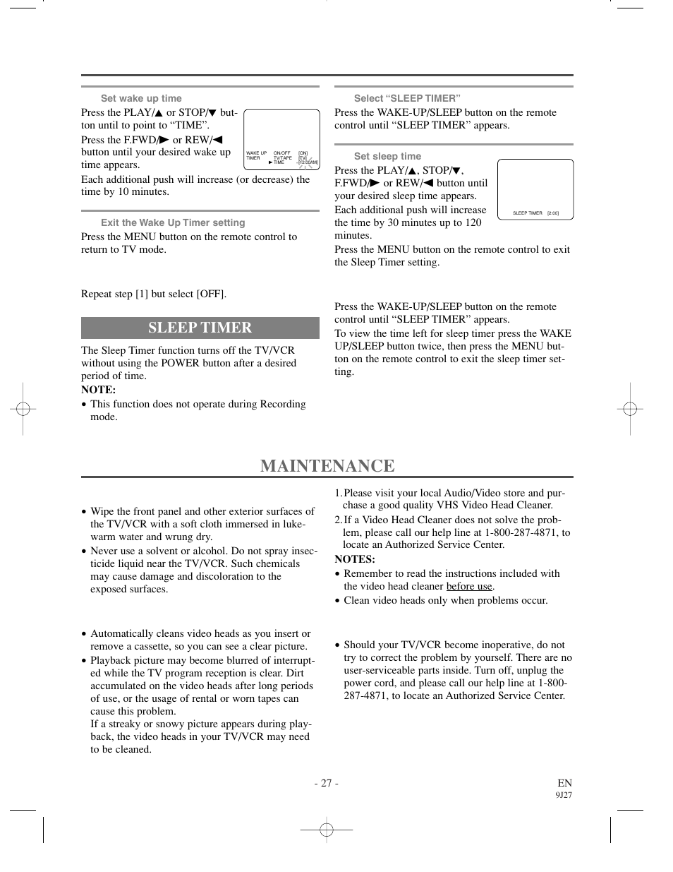 Maintenance, Sleep timer | Sylvania 6309CCC User Manual | Page 27 / 30