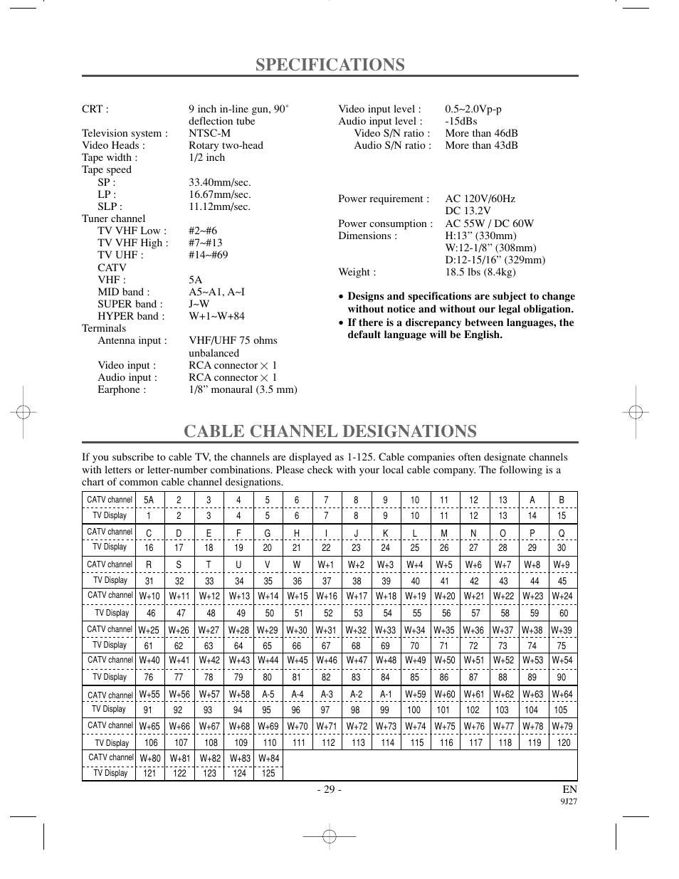 Specifications cable channel designations, General specifications, Electrical specifications | Other specifications | Sylvania 6309CCC User Manual | Page 29 / 30