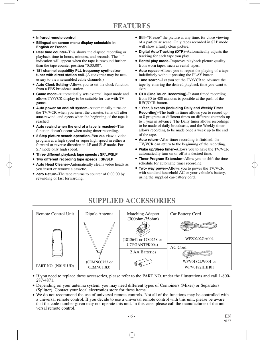 Features, Supplied accessories | Sylvania 6309CCC User Manual | Page 6 / 30